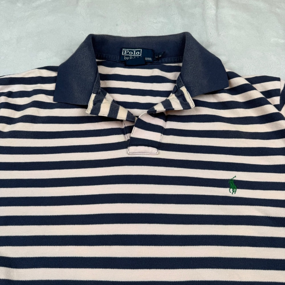 Polo Ralph Lauren Custom Fit Striped Polo Shirt Navy Pink Green Pony Large - Picture 2 of 6